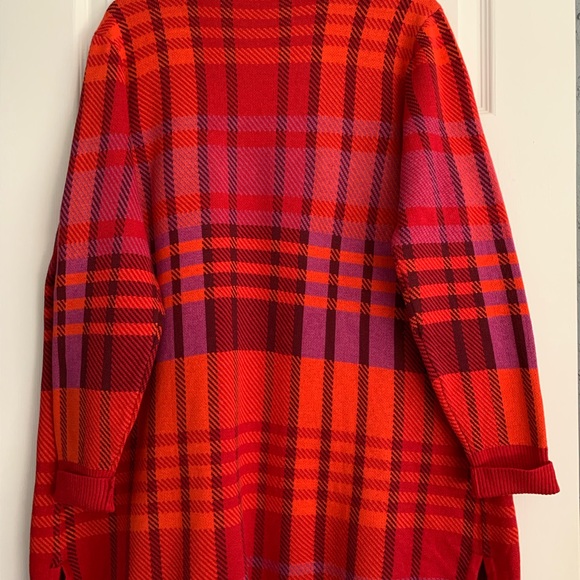 Isaac Mizrahi Choice Pattern Jacquard Cardigan Red Plaid Large New - Picture 6 of 7